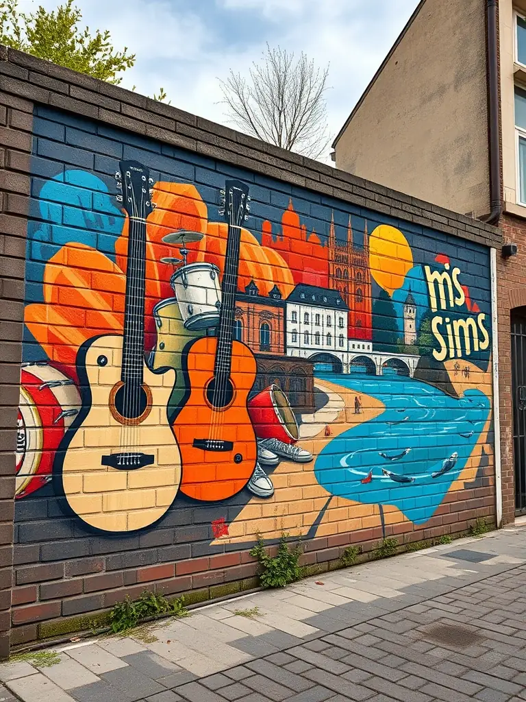 A photograph of a community mural project initiated by VECNASH, depicting musical instruments and local landmarks, symbolizing the organization's commitment to community beautification and artistic expression.