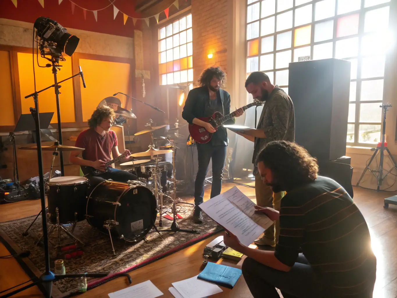 A dynamic image of a music workshop organized by VECNASH, showing young musicians learning and collaborating with band members.