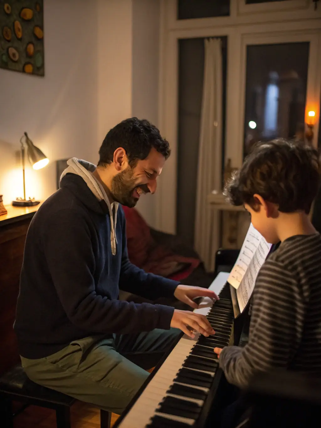A heartwarming image of a young aspiring musician receiving mentorship from a VECNASH-supported artist, set in a cozy rehearsal space filled with musical instruments and posters.