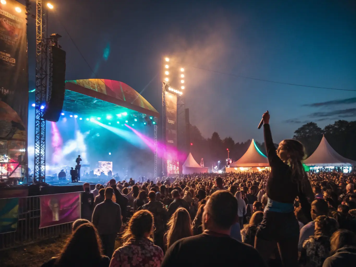 A vibrant image capturing VECNASH performing live on stage at a local music festival, with a diverse crowd enjoying the music.