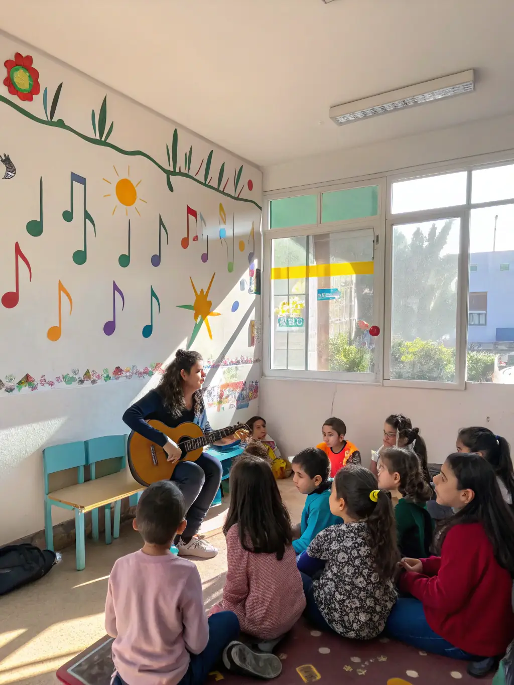 A dynamic shot of VECNASH band members leading a music workshop for underprivileged children, showing them how to play instruments and express themselves creatively.