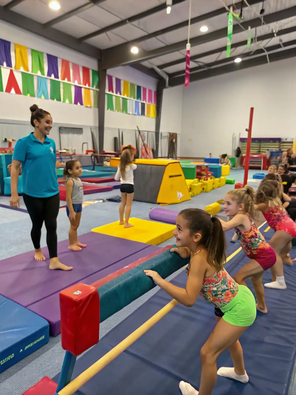 A vibrant photo capturing children participating in a gymnastics session, showcasing their smiles and active engagement, set against the backdrop of the ALVB sports complex.