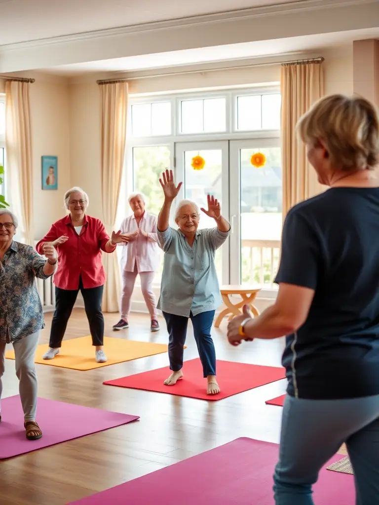 A heartwarming image of senior citizens engaging in a gentle exercise class, demonstrating the association's commitment to promoting active aging and well-being.