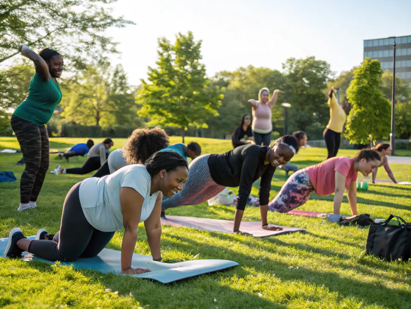 An image showing community members participating in a gymnastics class outdoors, smiling and engaging in physical activity.
